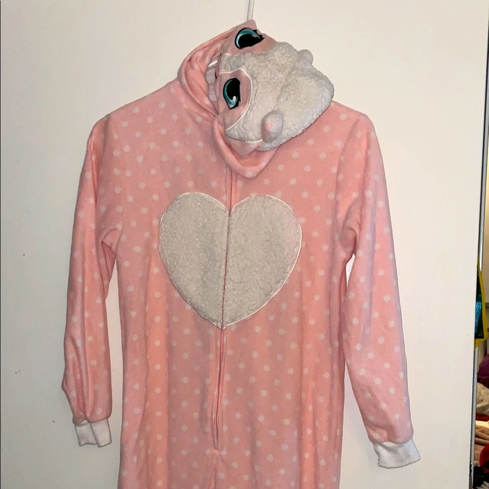 Pink Polka Dot Kids zip PJs with Heart and Sheep hood size large